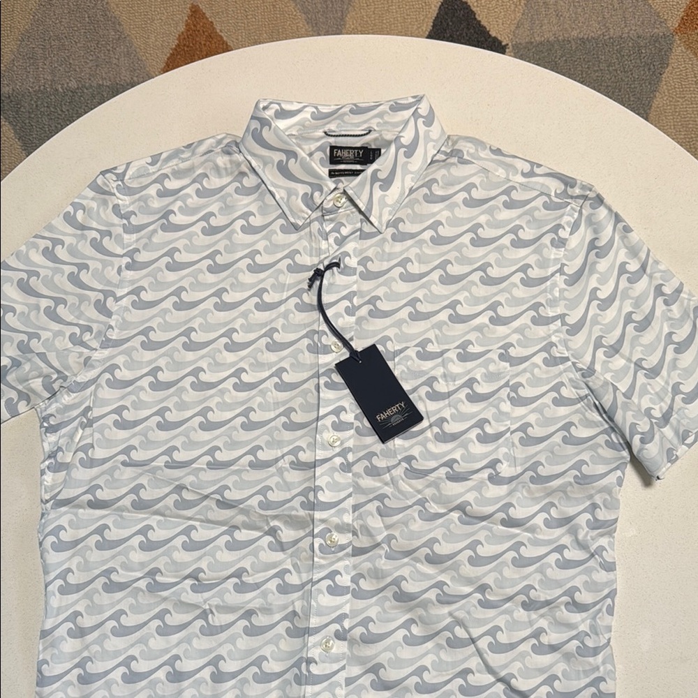 Faherty Blue and White Casual Button Down Shirt with Geometric Pattern - L